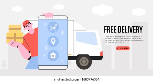 Online food or package free fast delivery service or application. Company courier hold box with products, clothes, electronics. Order online or cargo delivery for commercial and private interests.