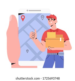 Online food or package free fast delivery tracking by map application or service. Company courier hold box with products, food, electronics. Order online delivery for commercial and private interests.