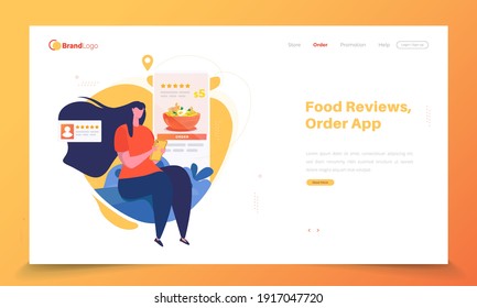 Online food review app illustration, mobile app user interface about customer feedback on landing page