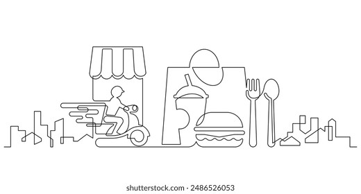 servicio de comida en línea y servicio de entrega exprés dibujo continuo de una línea con el minimalismo de fondo urbano