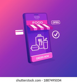 Online food shop delivery on mobile application concept. 3D Online store on mobile phone.