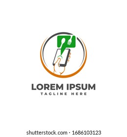 Online Food Shopping with Cellphone Chat Cutlery Logo Vector Icon Illustration