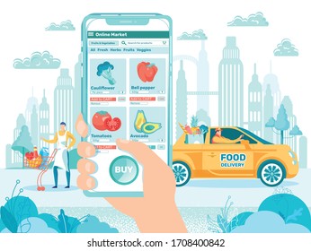 Online Food Shopping Concept. Hand Holding Mobile Phone With Internet Store Selling Vegetable. Food Delivery Car With Driver And Bag With Product. Man With Cart Flat Cartoon Vector Illustration.