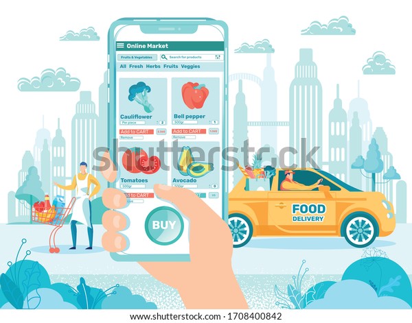 Online Food Shopping Concept. Hand Holding\
Mobile Phone with Internet Store Selling Vegetable. Food Delivery\
Car with Driver and Bag with Product. Man with Cart Flat Cartoon\
Vector Illustration.