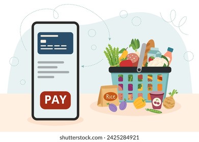 Online food shopping. Contactless payment. Phone and shooping basket with food. Technology concept. Online shopping.