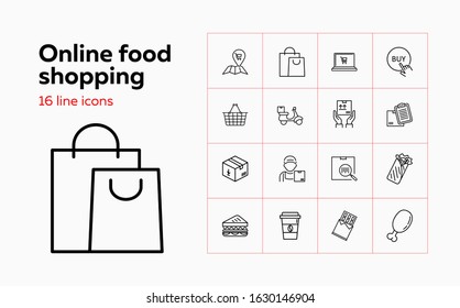 Online food shopping line icon set. Delivery, paper bag, chocolate, chicken, coffee. Household concept. Vector illustration can be used for topics like food, supermarket, online shopping