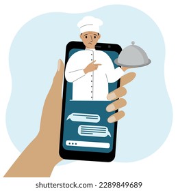 Online food shopping on mobile phone or fast food delivery order. The cook holds a tray with a lid or a plate with a cloche. Vector flat illustration.