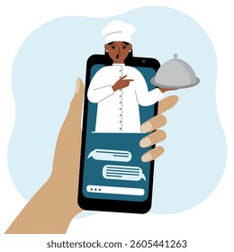 Online food shopping on mobile phone or fast food delivery order. The cook holds a tray with a lid or a plate with a cloche. Vector flat illustration.