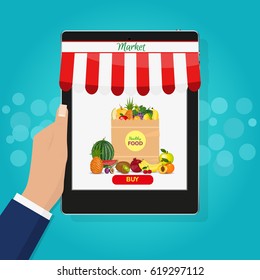 Online food shopping, smartphone beside food packet. Healthy fruits and vegetarian food banners. Fresh organic food, healthy eating. Supermarket packet full of fresh fruits .