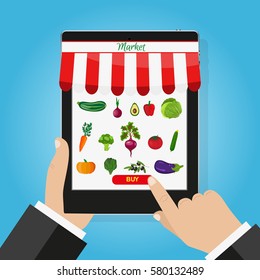 Online food shopping, smartphone. Healthy vegetables and vegetarian food banners. E-commerce concept.