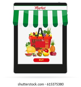 Online food shopping, smartphone. Healthy fruits and vegetarian food banners. Fresh organic food, healthy eating. Set of fresh products.