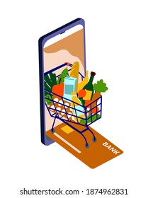Online food shopping. Troley with products, fruits, vegetables moves out of phone device along credit card. Vector concept for virtual store, ecommerce business, internet purchases