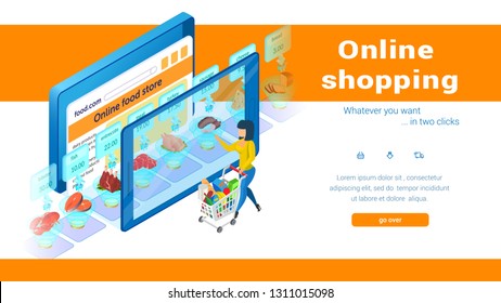Online Food Store Shopping Concept. Small Woman with Cart Clicks on Large Screen. E-Commerce. Buy with Mobile App. Internet Supermarket in Tablet or Smartphone. Sales and Marketing. Vector EPS 10.