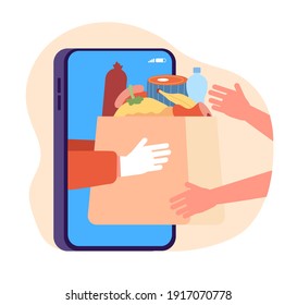 Online food store shopping. Grocery contactless delivery, flat internet supermarket app. Goods package from shop to home utter vector concept