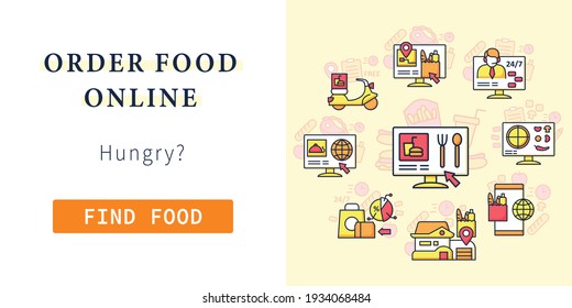 Online food web banner. Consists of online menu, free shipping, dark store, food for pets, ghost kitchen . Online order food website interface idea with icons. Template for landing, web page, layout
