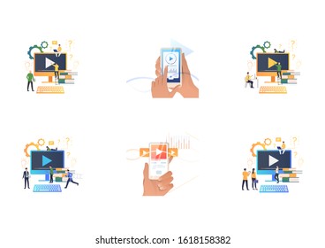 Online footage set. People using computer or smartphone with play button on screen. Flat vector illustrations. Media player, communication concept for banner, website design or landing web page