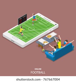 Online football flat isometric vector concept. Friends are sitting on the sofa and watching the soccer match that is going on the on the top of the big smartphone.