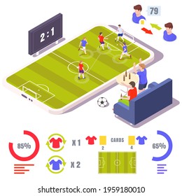 Online football game, flat vector isometric illustration. Smartphone, fans watching soccer match online sitting on sofa and drinking beer, infographic elements. Mobile football.