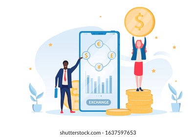 Online foreign exchange or trade concept with a businessman using an app on the screen of a mobile phone to exchange dollars, with assorted currencies and a woman alongside holding up a gold dollar