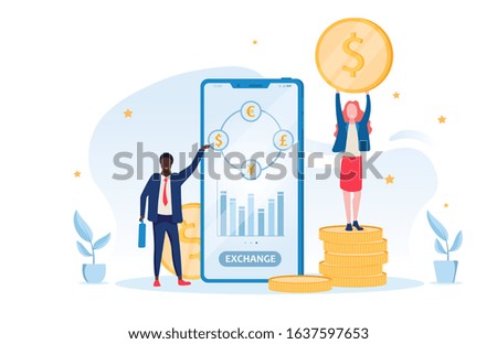 Online foreign exchange or trade concept with a businessman using an app on the screen of a mobile phone to exchange dollars, with assorted currencies and a woman alongside holding up a gold dollar