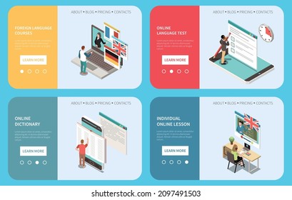 Online foreign language courses test dictionary 3d isometric horizontal banners set isolated on blue background vector illustration