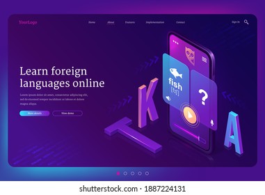 Online foreign language learning isometric landing page. Mobile phone with multilingual application or internet service for education. Smartphone app for studying, 3d vector ultraviolet web banner