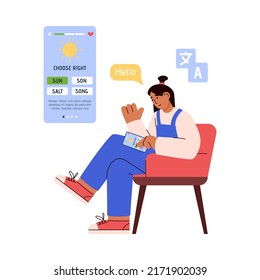 Cartel de la escuela en línea de idiomas extranjeros y cursos de aplicación con mujeres viendo entrenamiento en línea, ilustración vectorial de dibujos planos aislados en fondo blanco.
