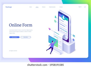 Online form banner. Web application for registration account, digital survey. Vector landing page with isometric illustration of person fills profile information in mobile app on smartphone