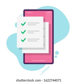 Online form with to do checklist document on mobile phone or smartphone with checkmarks list doc vector flat cartoon, idea of internet digital survey or test exam on cellphone