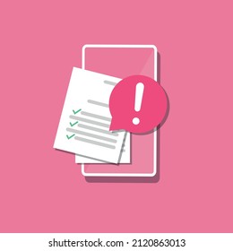 
Online form with document checklist and error warning. Checkboxes on smartphone screen. Text file and notification, flat design.