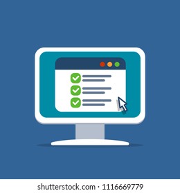 Online form on the computer screen in flat style. Design for web site, banners, infographics and so on. Vector illustration.