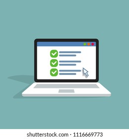 Online form on the laptop screen in flat style. Design for web site, banners, infographics and so on. Vector illustration.