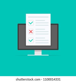 Online form survey, monitor with showing long quiz exam paper sheet document icon, on-line questionnaire results, check list or internet test. Vector illustration