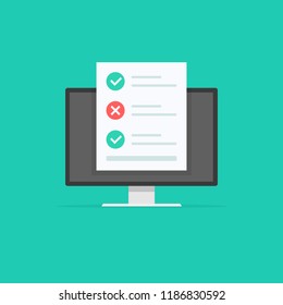 Online Form Survey, Monitor With Showing Long Quiz Exam Paper Sheet Document Icon, On-line Questionnaire Results, Check List Or Internet Test. Vector Illustration.