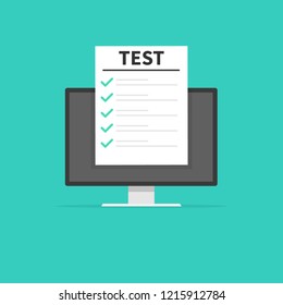 Online form survey, monitor with showing long quiz exam paper sheet document icon, on-line questionnaire results, check list or internet test. Vector illustration.