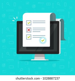 Online Form Survey On Computer Vector Illustration, Flat Cartoon Desktop Pc Showing Long Quiz Exam Paper Sheet Document Icon, On-line Questionnaire Results, Check List Or Internet Test