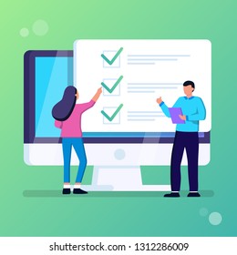 Online Form Survey On Computer Vector Illustration, Flat Cartoon Desktop Pc Showing Exam Paper Sheet Document Icon, Student And Teacher Talking About Results