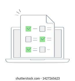 Online form survey on computer, test, сheck list online testing icon, exam, E-learning, education concept. Check list form on the computer display. Flat outline vector illustration on white.