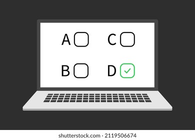 Online form survey on computer vector illustration, flat cartoon desktop pc showing exam paper sheet document icon.