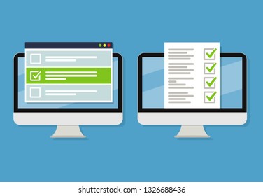 Online form survey on laptop. Vector illustration. Flat style design