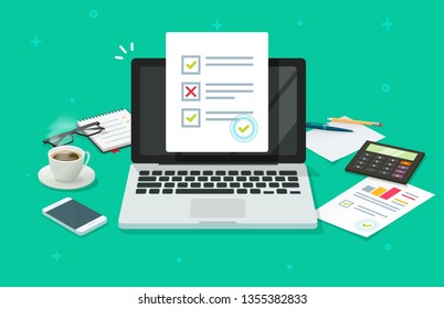 Online form survey on laptop vector illustration, working on computer quiz exam paper sheet document, on-line questionnaire results on desktop table flat cartoon, digital check list or internet test