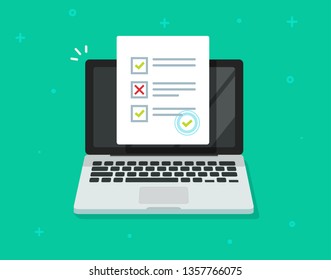 Online Form Survey On Laptop Vector, Computer Quiz Exam Paper Sheet Document, On-line Questionnaire Results Flat Cartoon Design, Digital Check List Or Internet Test, Electronic Study Or Education