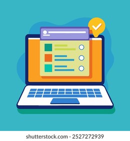 Online form survey on laptop vector illustration, working on computer quiz exam paper sheet document, on-line questionnaire results on desktop table flat cartoon, digital check list or internet test