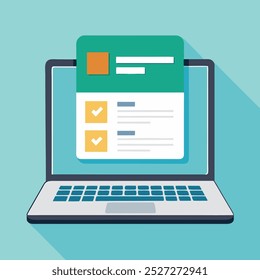 Online form survey on laptop vector illustration, working on computer quiz exam paper sheet document, on-line questionnaire results on desktop table flat cartoon, digital check list or internet test