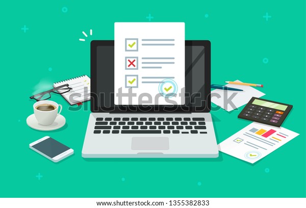 Online form survey on laptop vector illustration,\
working on computer quiz exam paper sheet document, on-line\
questionnaire results on desktop table flat cartoon, digital check\
list or internet test
