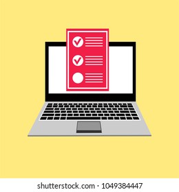 Online form survey on pc computer vector illustration, flat cartoon monitor display showing quiz exam paper sheet document, concept of electronic voting on internet, web learning