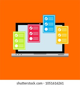 Online form survey on pc computer vector illustration, flat cartoon monitor display showing quiz exam paper sheet document, concept of electronic voting on internet, web learning
