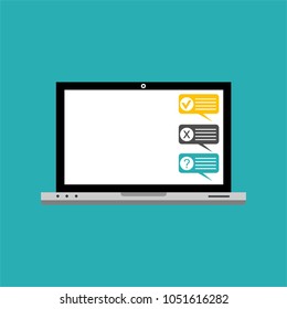 Online form survey on pc computer vector illustration, flat cartoon monitor display showing quiz exam paper sheet document, concept of electronic voting on internet, web learning