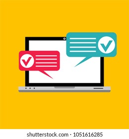 Online form survey on pc computer vector illustration, flat cartoon monitor display showing quiz exam paper sheet document, concept of electronic voting on internet, web learning