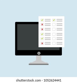 Online form survey on pc computer vector illustration, flat cartoon monitor display showing quiz exam paper sheet document, concept of electronic voting on internet, web learning